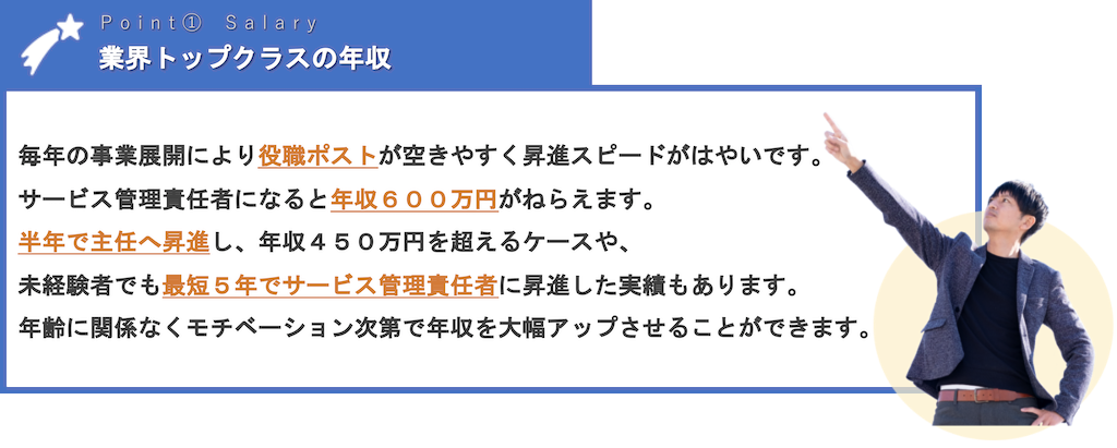 業界トップクラスの年収 | 毎年の事業展開により役職ポストが空きやすく昇進スピードがはやいです。サービス管理責任者になると年収６００万円がねらえます。半年で主任へ昇進し、年収４５０万円を超えるケースや、未経験者でも最短５年でサービス管理責任者に昇進した実績もあります。年齢に関係なくモチベーション次第で年収を大幅アップさせることができます。