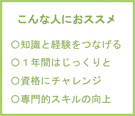 こんな人におすすめ | ・知識と経験をつなげる ・1年間じっくりと ・資格にチャレンジ ・専門的スキルの向上